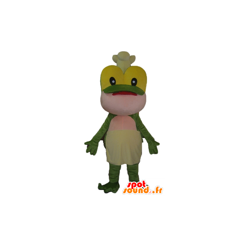 Mascot grønn frosk, gul og rosa, med en toque - MASFR23046 - Forest Animals