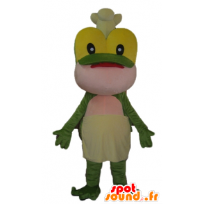 Green frog mascot, yellow and pink with a hat - MASFR23046 - Animals of the forest