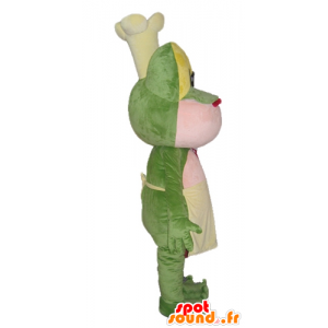 Grön, gul och rosa grodmaskot med kockhatt - Spotsound maskot