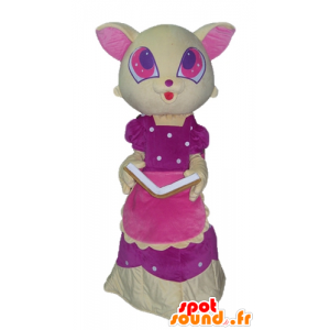 Giallo e rosa gatto mascotte, con un bellissimo vestito rosa - MASFR23047 - Mascotte gatto