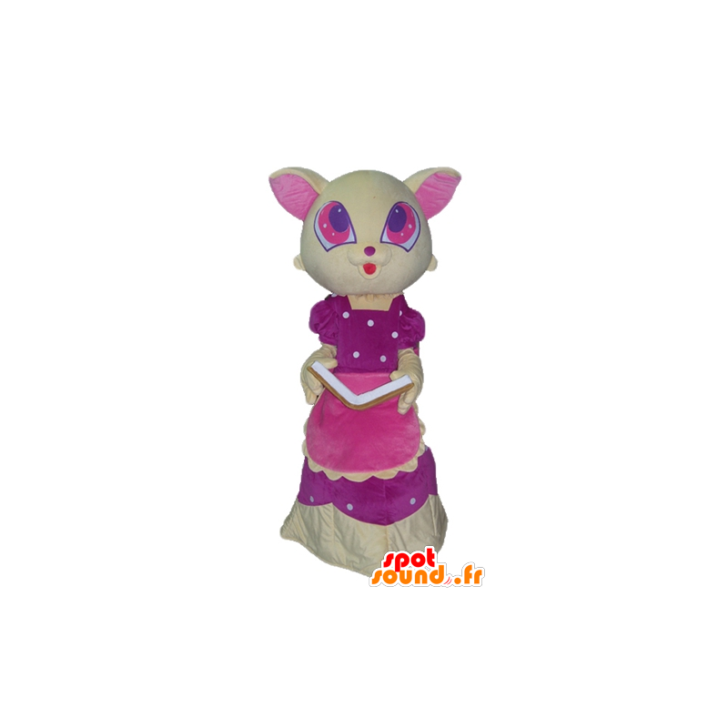 Geel en roze kat mascotte, met een mooie roze jurk - MASFR23047 - Cat Mascottes