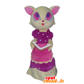 Gul og rosa katt maskot, med en vakker rosa kjole - MASFR23047 - Cat Maskoter