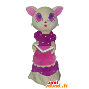 Yellow and pink cat mascot, with a beautiful pink dress - MASFR23047 - Cat mascots