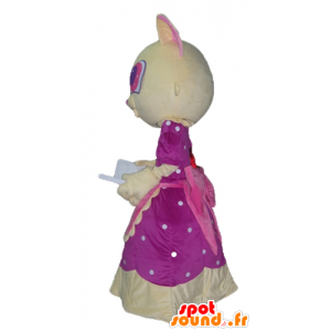 Giallo e rosa gatto mascotte, con un bellissimo vestito rosa - MASFR23047 - Mascotte gatto