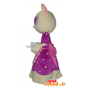 Yellow and pink cat mascot, with a beautiful pink dress - MASFR23047 - Cat mascots