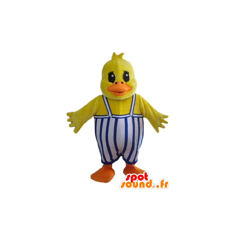 Mascot chick, gul and, med overall - Spotsound maskot kostume