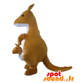 Geel en wit kangoeroe mascotte met haar kleine - MASFR23056 - Kangaroo mascottes