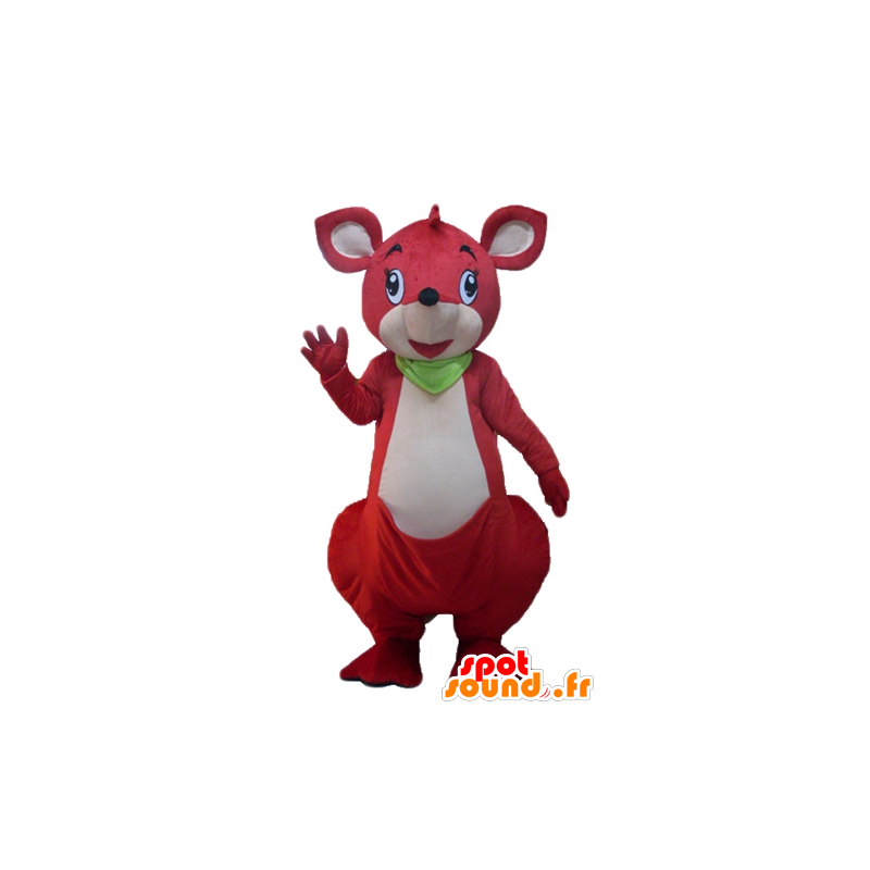 Mascotte de kangourou rouge et blanc, avec un foulard vert - MASFR23057 - Mascottes Kangourou