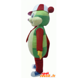 Farverig bamse maskot, grøn, gul, rød og hvid - Spotsound