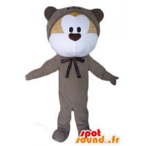 Mascotte de nounours beige et blanc, en combinaison grise - MASFR23070 - Mascotte d'ours