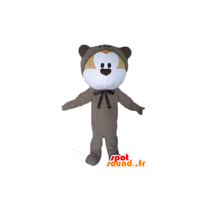 Mascotte de nounours beige et blanc, en combinaison grise - MASFR23070 - Mascotte d'ours