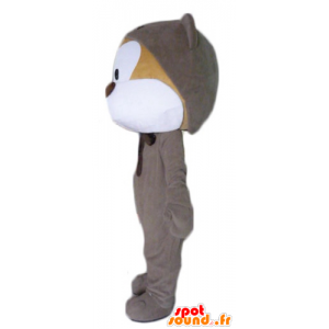 Mascotte de nounours beige et blanc, en combinaison grise - MASFR23070 - Mascotte d'ours