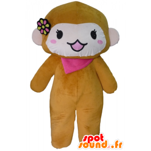 Affe-Maskottchen Braun und Rosa mit einem Schal und einer Blume - MASFR23072 - Maskottchen monkey