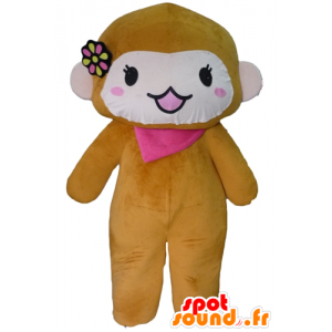 茶色とピンクの猿のマスコット、スカーフと花付き-MASFR23072-猿のマスコット