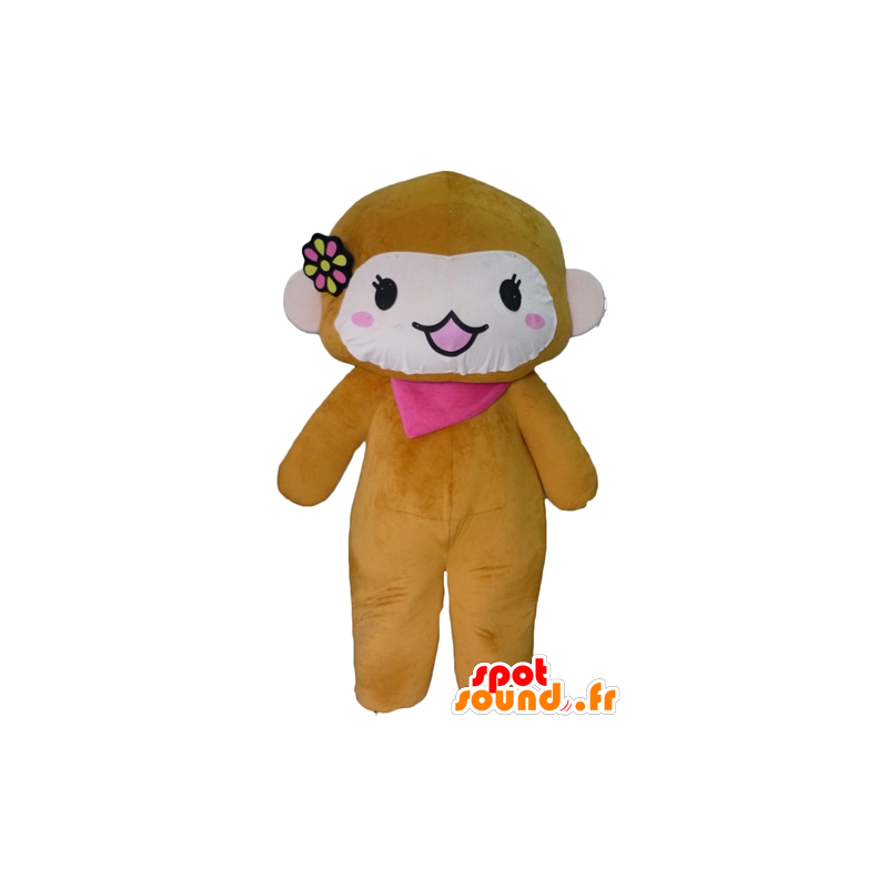 Affe-Maskottchen Braun und Rosa mit einem Schal und einer Blume - MASFR23072 - Maskottchen monkey