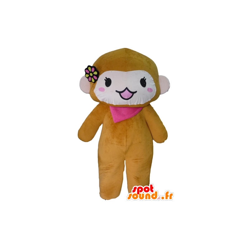 茶色とピンクの猿のマスコット、スカーフと花付き-MASFR23072-猿のマスコット