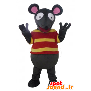 Mascotte fun de souris grise et rose avec un t-shirt rayé - MASFR23076 - Mascotte de souris