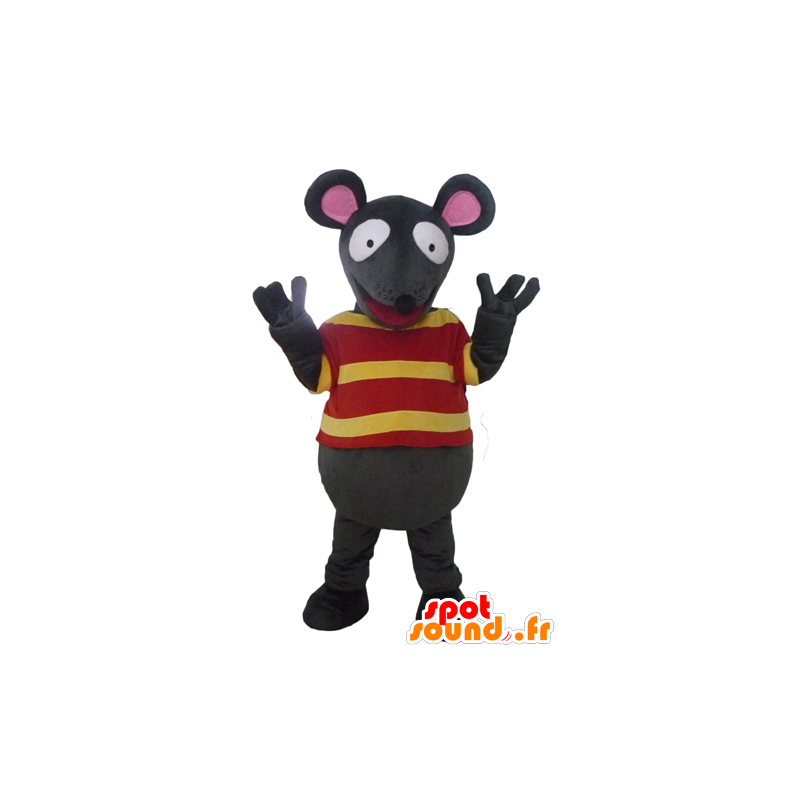 Leuke mascotte grijs en roze muis met een gestreept overhemd - MASFR23076 - Mouse Mascot