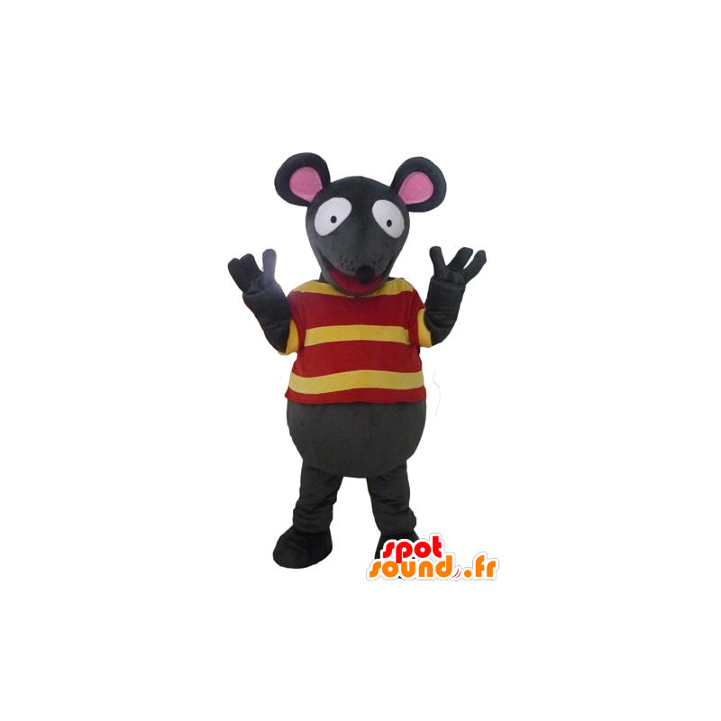 Mascotte fun de souris grise et rose avec un t-shirt rayé - MASFR23076 - Mascotte de souris