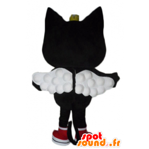 Gatto mascotte nero e rosa, con le ali e una corona - MASFR23079 - Mascotte gatto