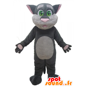 Mascotte de gros chat gris et rose, avec des yeux verts - MASFR23082 - Mascottes de chat