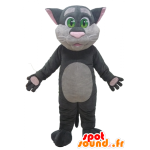 Mascotte grote roze en grijze kat met groene ogen - MASFR23082 - Cat Mascottes