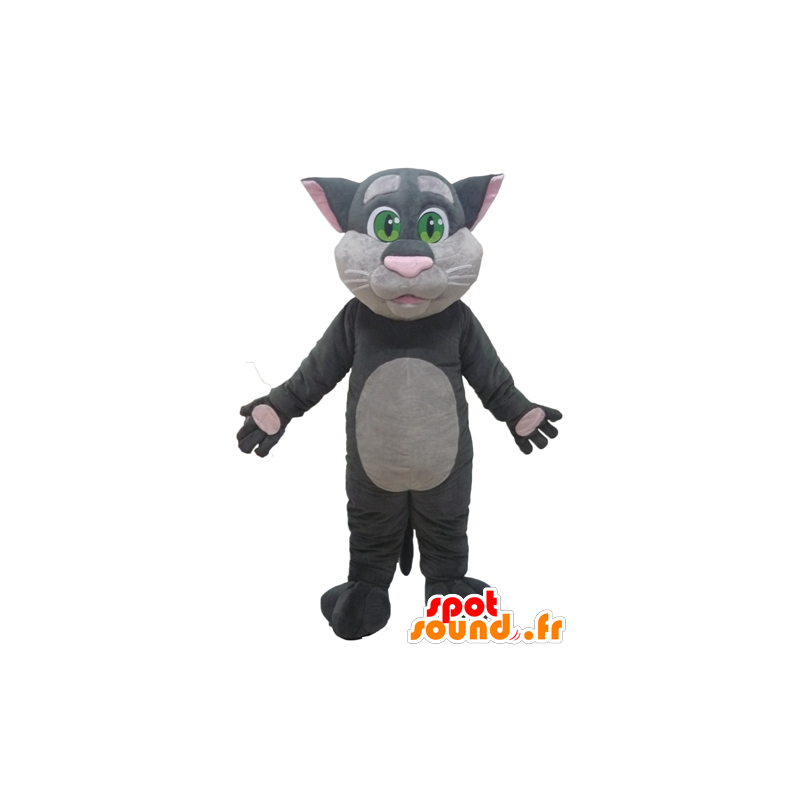 Mascotte grote roze en grijze kat met groene ogen - MASFR23082 - Cat Mascottes