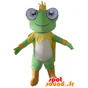 Grön, gul och vit grodamaskot, med en krona - Spotsound maskot