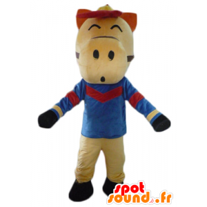 Beige paard mascotte, rood en zwart, gekleed in het blauw - MASFR23085 - Horse mascottes