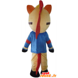 Beige paard mascotte, rood en zwart, gekleed in het blauw - MASFR23085 - Horse mascottes