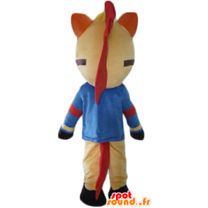 Koń maskotka beżowy, czerwony i czarny, ubrany w niebieski - MASFR23085 - maskotki koni