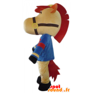 Beige horse mascot, red and black, dressed in blue - MASFR23085 - Mascots horse