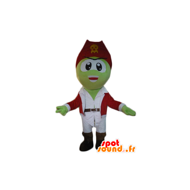 Grön piratmaskot, i vit och röd outfit - Spotsound maskot