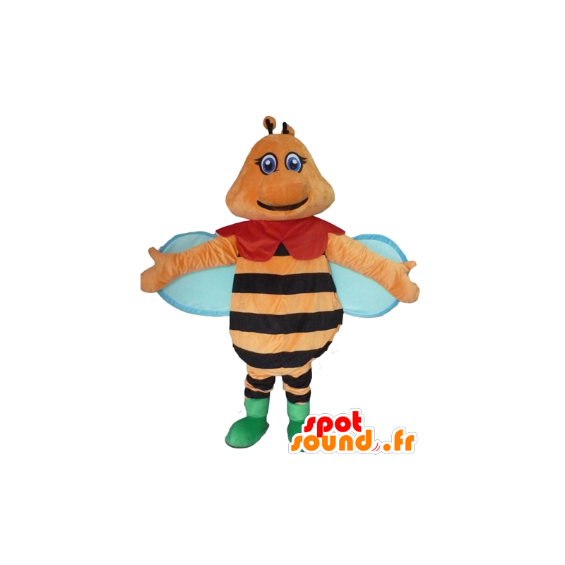 Bee Maskottchen orange, schwarz und blau, bunt und lächelnd - MASFR23091 - Maskottchen Biene