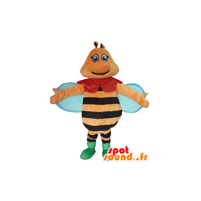 Orange Bee Mascot, zwart en blauw, kleurrijke en glimlachen - MASFR23091 - Bee Mascot