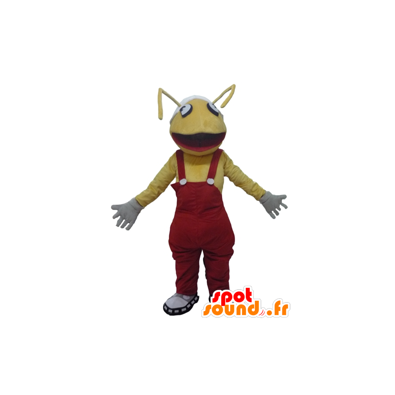 Mascotte de fourmis jaune, avec une salopette rouge - MASFR23094 - Mascottes Fourmi