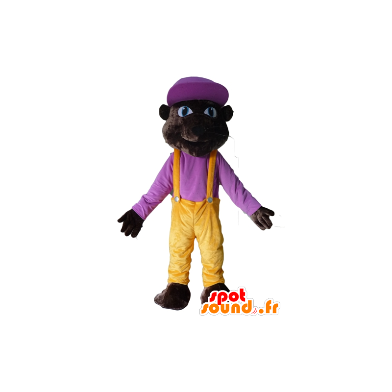 Dark brown tiger mascot, bear in colorful outfit - MASFR23097 - Bear mascot