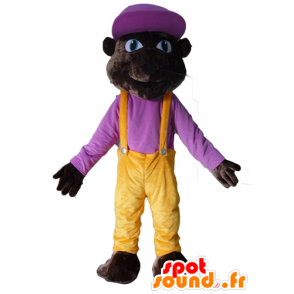 Mascotte de tigre marron foncé, d'ours, en tenue colorée - MASFR23097 - Mascotte d'ours