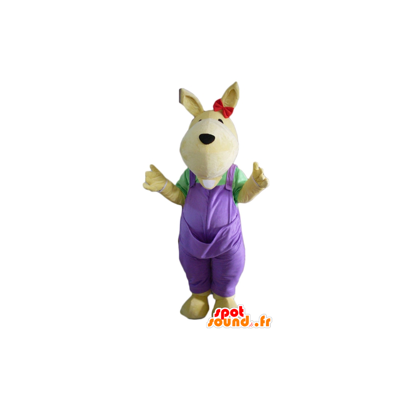 Gul kænguru-maskot med lilla overall - Spotsound maskot kostume