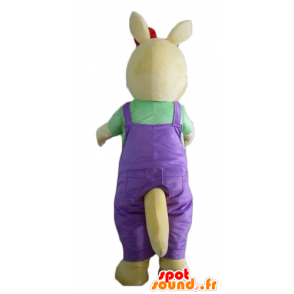 Gul kænguru-maskot med lilla overall - Spotsound maskot kostume