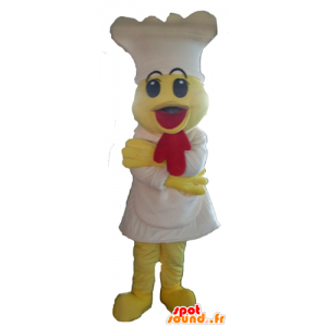 Giallo pulcino mascotte, con un grembiule e cappello da cuoco bianco - MASFR23100 - Mascotte di galline pollo gallo