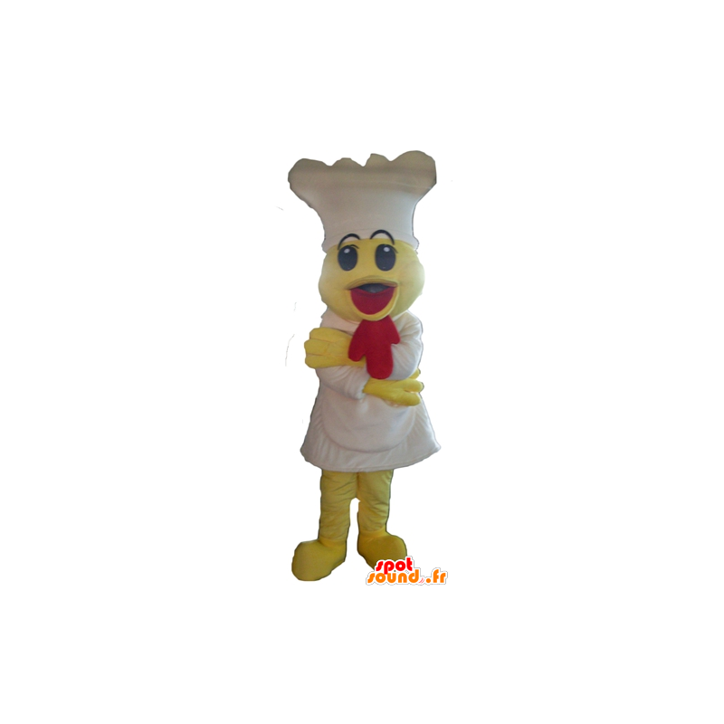 Amarillo mascota de pollo, con un delantal y gorro de cocinero blanco - MASFR23100 - Mascota de gallinas pollo gallo