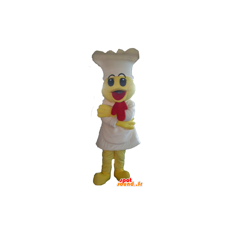 Gul kyckling för maskot, med ett förkläde och en vit hatt -