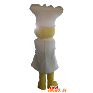 Amarillo mascota de pollo, con un delantal y gorro de cocinero blanco - MASFR23100 - Mascota de gallinas pollo gallo