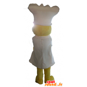 Giallo pulcino mascotte, con un grembiule e cappello da cuoco bianco - MASFR23100 - Mascotte di galline pollo gallo