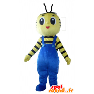 Mascot yellow and black bee with blue overalls - MASFR23102 - Mascots bee