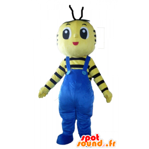 Mascotte d'abeille jaune et noir, avec une salopette bleue - MASFR23102 - Mascottes Abeille