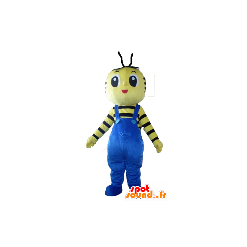 Mascot yellow and black bee with blue overalls - MASFR23102 - Mascots bee