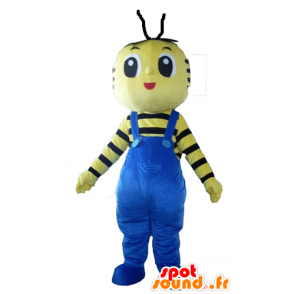 Mascot abelha amarela e preta, com macacão azul - MASFR23102 - Bee Mascot