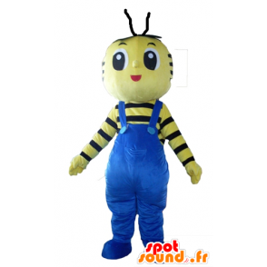 Mascot gele en zwarte bijen met blauwe overalls - MASFR23102 - Bee Mascot